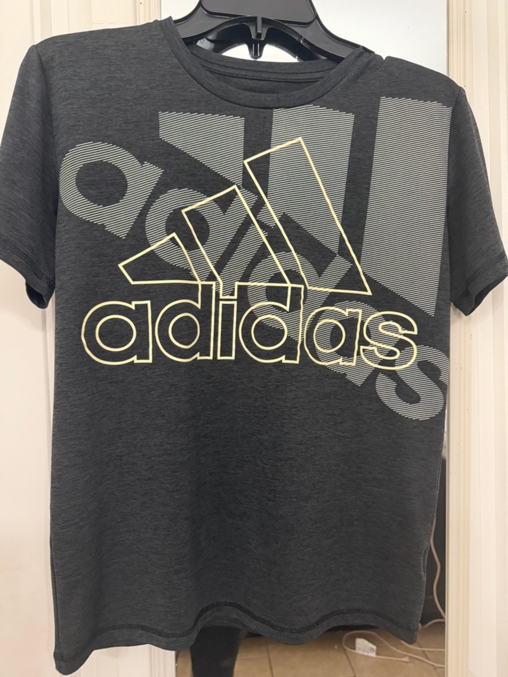 Worn once or twice. Dri-fit adidas Dark Gray Tee with Yellow-Outlined Logo